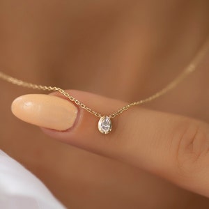 14K Gold Diamond Minimalist Drop Necklace / Solid Gold Diamond Dainty Necklace for Woman / Diamond Teardrop Necklace Birthday/ Gifts for Her