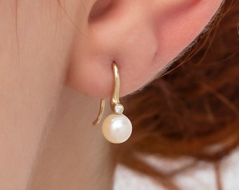 14K Gold Diamond Pearl Earrings for Woman/ 14K Gold Diamond Woman Earrings/ Solid Gold Diamond Pearl Earrings/ Gift for Her/ Valentines Day