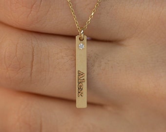 14K Solid Gold Diamond Personalized Name Vertical Bar Necklace / Gold Diamond Name Bar Necklace/ Gold Custom Name Necklace / Birthday Gifts