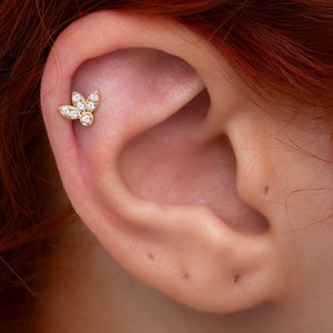 14K Gold Diamond Lotus Flower Piercing/ Gold Clicker Piercing/ Cartilage Helix Tragus Rook Piercing/ Diamond Screw Back Cartilage Earring