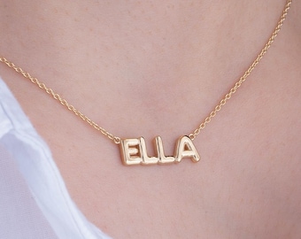 14K Solid Gold Bubble Name Necklace/ Gold Custom Name Necklace/ Personalized Gold Balloon Letters Necklace/ Personalized Gifts/ Gift for Her