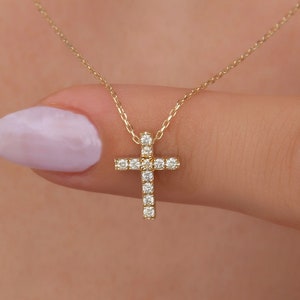 14K Solid Gold Diamond Cross Necklace / Gold Diamond Cross Necklace Baptism Gifts for Her / Religious Jewelry Gift for Women / The Mom