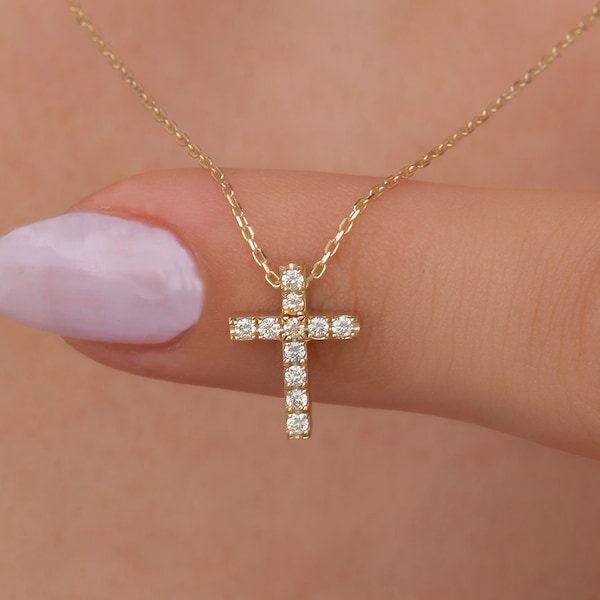 14K Solid Gold Diamond Cross Necklace / Gold Diamond Cross Necklace doopgiften voor haar / religieuze sieraden cadeau voor vrouwen / de moeder