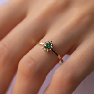 14K Gold Drop Cut Emerald Rings with Pave Diamond for Woman/ Dainty 14K Gold Diamond Flower Emerald Rings/ Gift for Her/ Mothers Day Gift