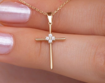 14K Diamond Cross Necklace, Solid Gold Faith Pendant, Christian Gift for Women, Baptism or Communion Jewelry, Dainty Religious Charm