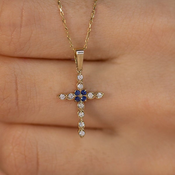 14K Gold Diamond Sapphire Cross Woman Necklace / Dainty Gold Sapphire Cross Pendant / Gold Cross Necklace Gift for Mom / Mothers Day Gifts