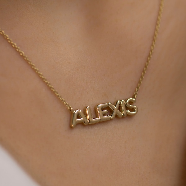 14K Solid Gold Bubble Name Necklace / Gold Custom Name Necklace / Personalized Gold Balloon Letters Necklace / Mother's Day Gifts/ The Mom