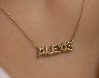 14K Solid Gold Bubble Name Necklace / Gold Custom Name Necklace / Personalized Gold Balloon Letters Necklace / Mother's Day Gifts/ The Mom