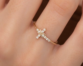 14K Gold Diamond Infinity Cross Ring for Woman/ Gold Diamond Cross Minimalist Rings Gift for Her/ Birthday Gift for Her/ Mothers Day Gifts