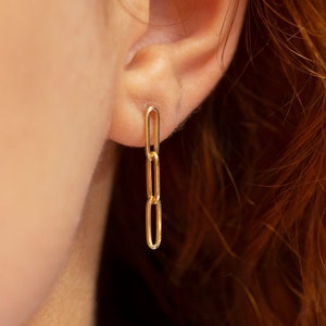 14K Solid Gold Paperclip Ketten Ohrringe / Gold Hohl Gliederkette Ohrringe / Gold Lange Rechteck Gliederkette / Gold Paperclip Ketten Ohrringe