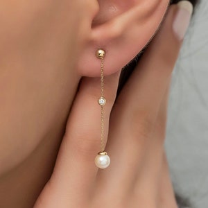 14K Gold Diamond Pearl Earrings/ Pearl Long Dangle Earrings/ Gold Diamond Woman Earring/ The Mom/ Gifts for Her/ Mothers Day Gift