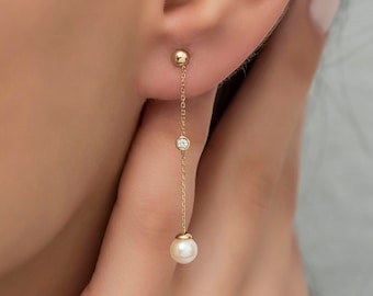 14K Gold Diamond Pearl Earrings/ Pearl Long Dangle Earrings/ Gold Diamond Woman Earring/ The Mom/ Gifts for Her/ Mothers Day Gift