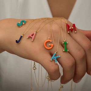Personalized Gold Diamond Initial Necklace/ Gold Orange Enamel Initial Necklace/ 14K Gold Enamel Letter G Pendant/ Personalized Gift