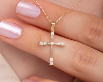 14K Solid Gold Diamond Cross Necklace / Baptism Cross Gift / Religious Cross Necklace / Protective Necklace / Christian Communion Jewelry