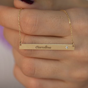 14K Solid Gold Diamond Personalized Engravable Horizontal Bar Necklace / Gold Diamond Name Bar Necklace/ Gold Custom Name Necklace/ The Mom