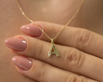14K Gold Diamond Initial Necklace: Personalized Letter Pendant