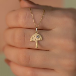 14K Gold Diamond Matte and Tumbled Mushroom Charm Necklace / Gold Diamond Embossed Tumbled Mushroom Pendant / Gold Mushroom Necklace