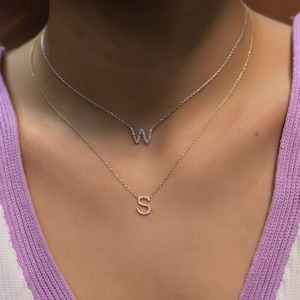 Colar inicial de diamante de ouro 14K / Colares personalizados com letras de diamante de ouro / Colar inicial de diamante personalizado para presente / Presentes personalizados