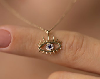 14K Gold Diamond Evil Eye Necklace for Woman/ 14K Gold Eye Sapphire Necklace/ Evil Eye Eyelash Gold Necklace Gift/ Mother's Day Gifts