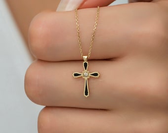 14K massivt guld diamant kors halsband: Emaljhänge, present till mamma