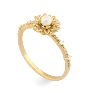 14K Gold Perle und Diamant Ring/ Zierlicher Stacking Ring für Frauen/ Gold Band mit 3 mm Perle und Diamanten/ Eleganter Gold Schmuck/ Geschenk für Sie