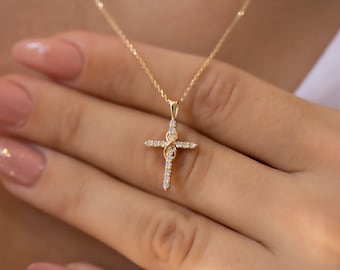 14K Infinity Gold Diamond Cross Necklace/ Baptism Gift/ Cross Necklace/ Religious Necklace/ Christian Communion Jewelry/ Diamond Cross