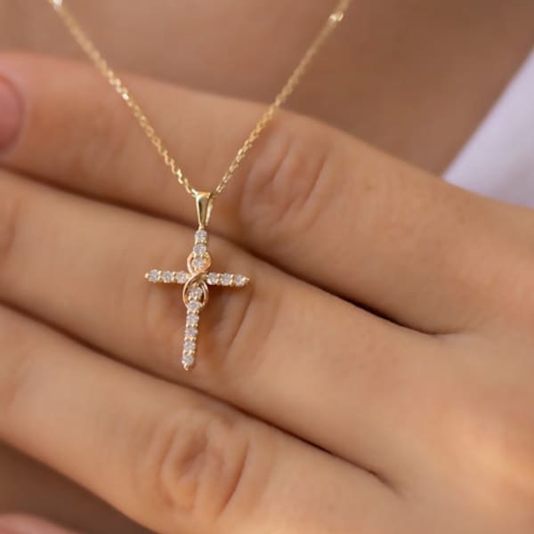 14K Gold Diamant Unendlichkeit Kreuz Frau Halskette / Gold Diamant Kreuz Anhänger / Diamant Kreuz Halskette Geschenk für Sie / Muttertagsgeschenke