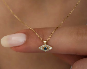 14K Gold Diamond Evil Eye Necklace/ 14K Gold Eye Sapphire Necklace for Womans/ Gold Diamond Necklace Gifts for Her/  Mother's Day Gifts