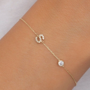 14K Solid Gold Diamond Initial for Women Bracelet / Dainty Custom Gold Diamond Initial Bracelet / Diamond Letter with Birthstone Bracelet