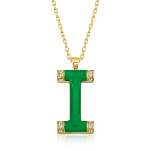 Collar con inicial de diamante para mujer/Collar con inicial de esmalte verde dorado/Colgante con letra I esmaltada en oro de 14 quilates/Regalo para ella/Regalo para el Día de la Madre