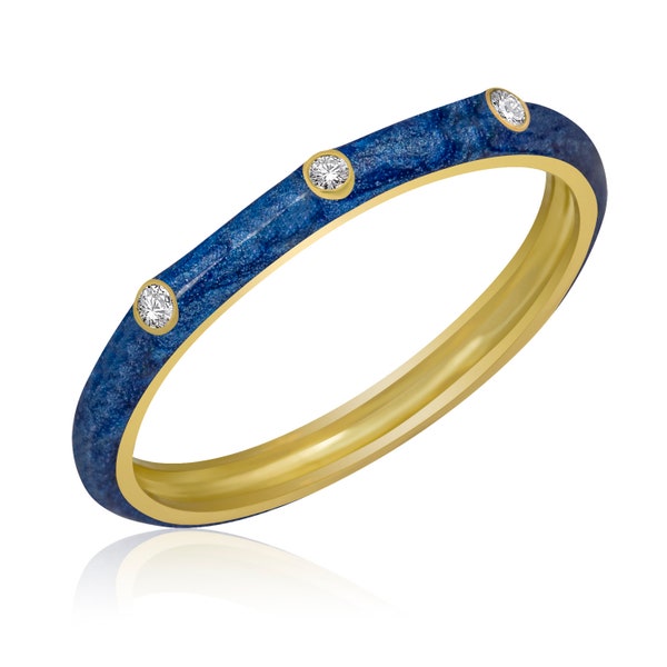 14K Gold Diamond Dark Blue Enamel Ring/ Colourful Enamel Diamond Rings/ Diamond Stackable Ring/ Mothers Day Gift/ Birthday Gifts for Her