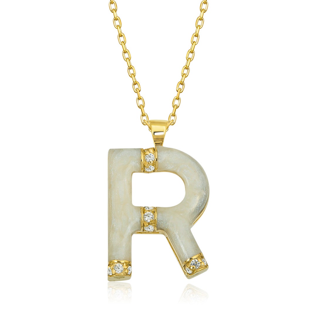 Diamond Initial Necklace for Woman/ Gold Beige Enamel Initial Necklace ...