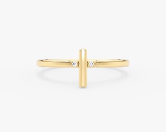 14K Solid Gold Diamond Cross Ring: Minimalist Stacking Ring