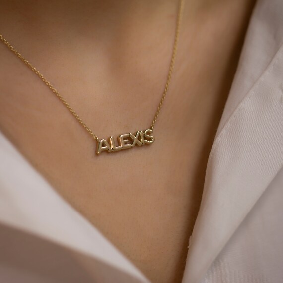 14K Solid Gold Bubble Name Necklace Gold Custom Name Necklace