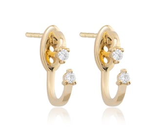 14K Solid Gold Diamond Hoop Earrings: Dainty Huggie Studs