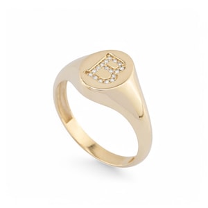 14K Solid Gold Diamond Initial Signet Ring/ Custom Letter Ring/ Personalized Gold Jewelry Gift/ Diamond Monogram Ring/ Gift for Her and Him