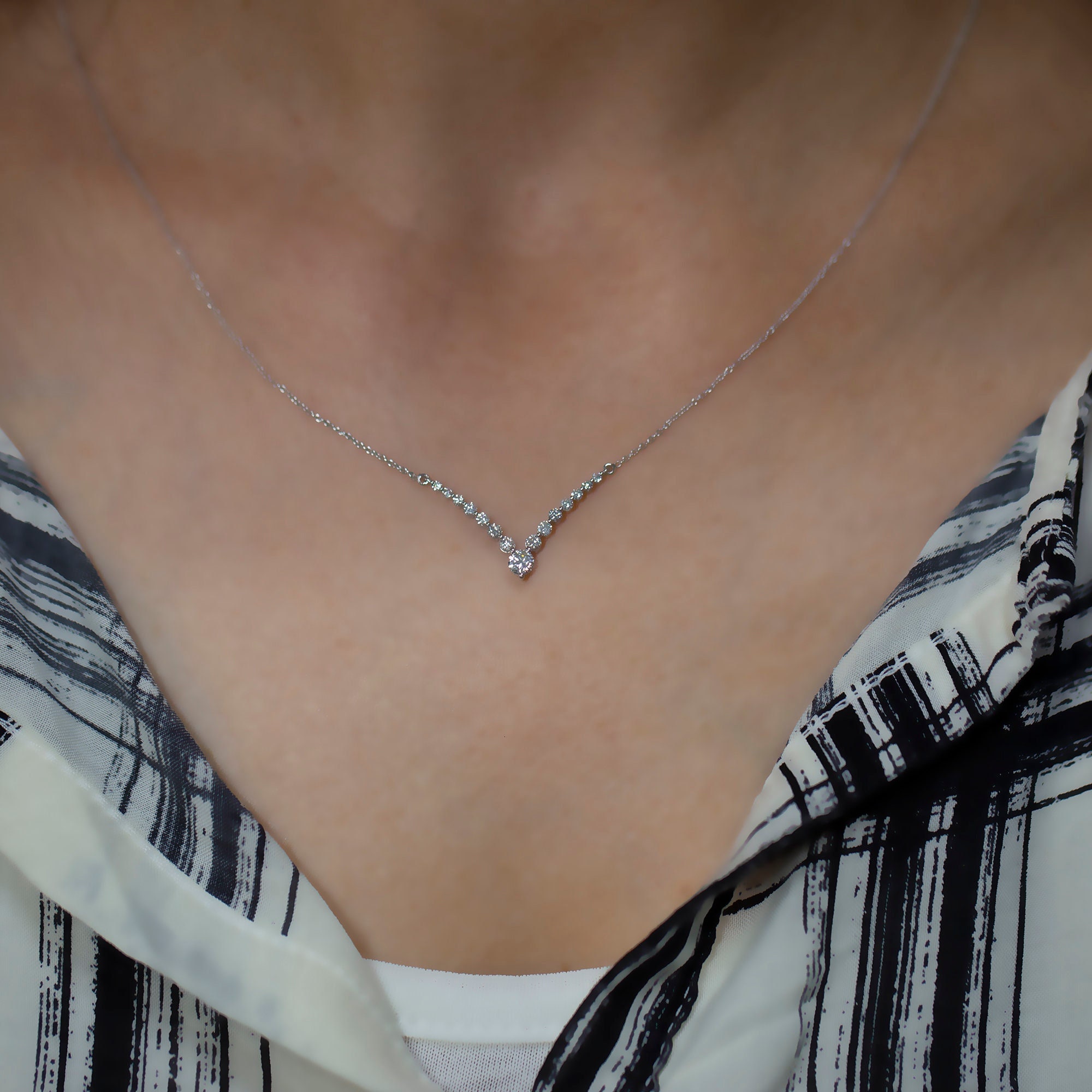 Chevron Diamond Pendant Rose Gold V Shaped Layering Necklaces Drop 14K Rose Gold - Ready to Ship