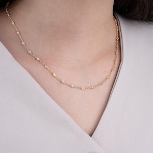 14K Gold Diamond Station Necklace/ Dainty Bezel Set Diamond Necklace/ Diamond Necklace Gift for Her/ Everyday Gold Necklace/ Fine Jewelry