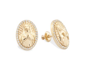 14K Solid Gold Virgin Mary Diamond Stud Earrings: Religious Gift