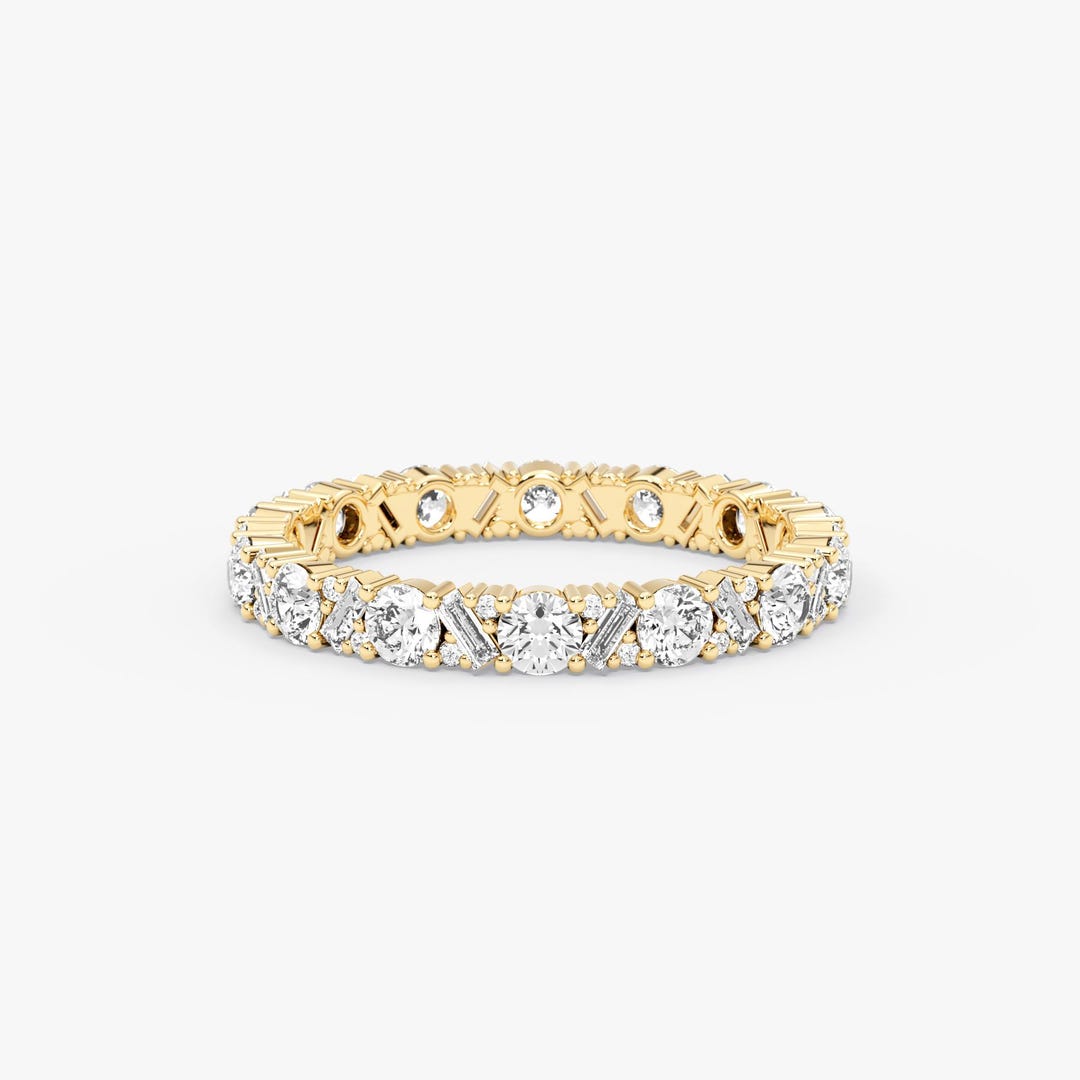 14K Solid Gold Diamond Eternity Ring: Round & Baguette Diamond Band - Etsy