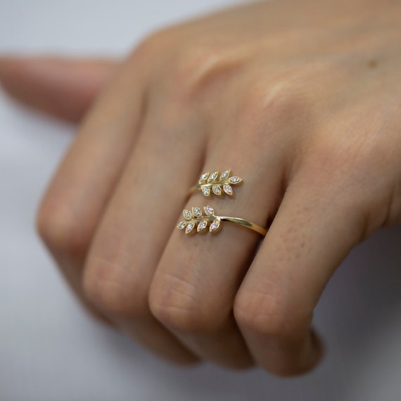 14K Solid Gold Leaf Diamond Rings for Woman/ Unique Diamond Leaf Rings / Gold  Diamond Dual Leaf Rings/ Mothers Day Gifts - Etsy