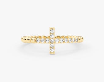 14K Solid Gold Diamond Cross Ring: Minimalist Religious Jewelry