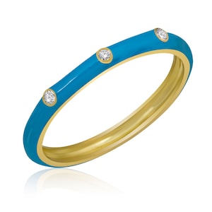 14K Gold Diamond Blue Enamel Ring/ Colourful Enamel Gold Diamond Rings/ Diamond Stackable Ring/ Birthday Gifts for Her/ Mothers Day Gift