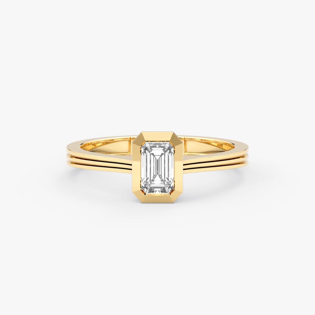 14K Solid Gold Emerald Cut Bezel Lab Grown Diamond Engagement Ring ...