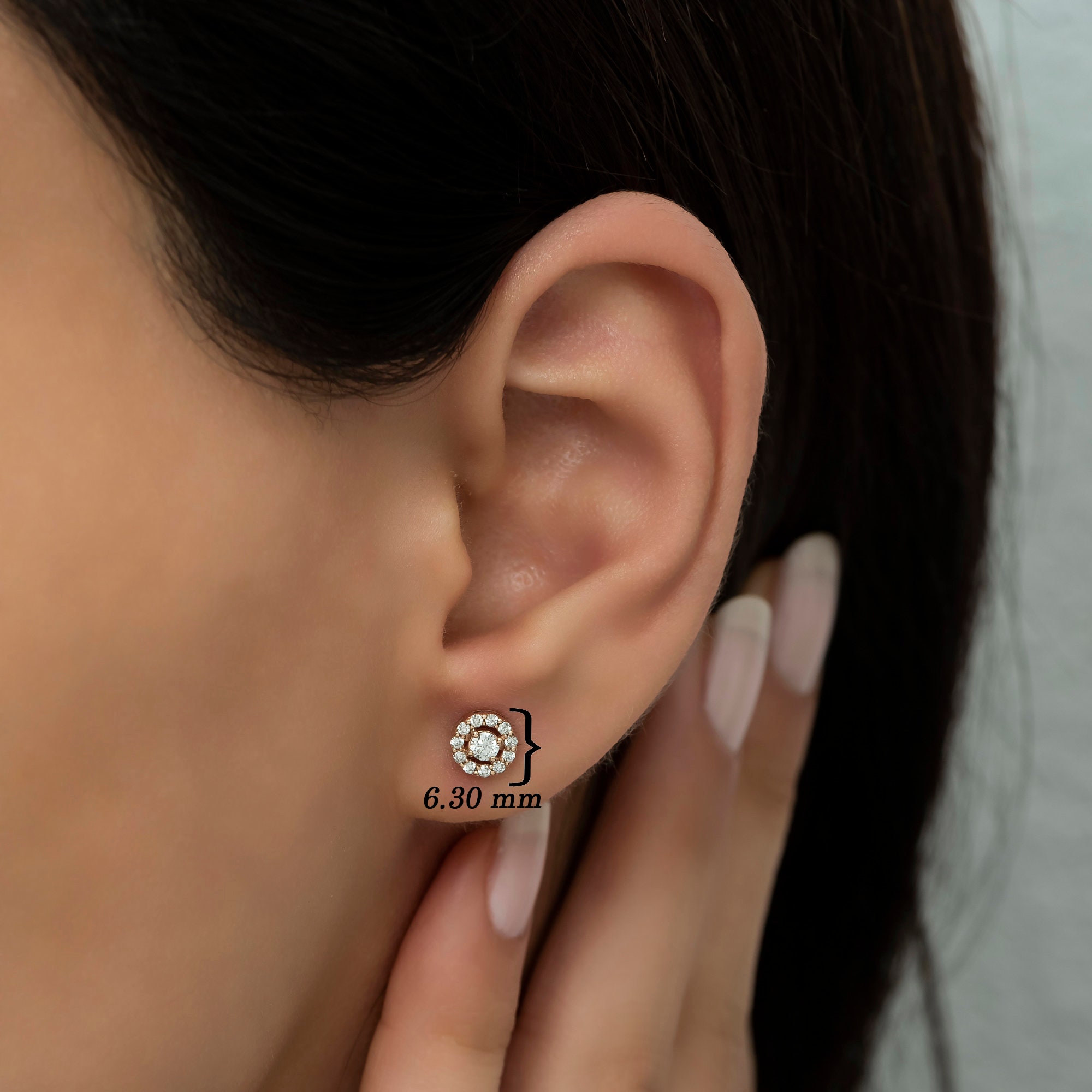 Boucles D’oreilles Clous Halo Rhodochrosite Et Diamants - Or Jaune 14 Carats - Longueur 8,3mm - Style Cabochon Carré