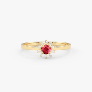 Dainty 14K Solid Gold Round Ruby Ring with Pave Diamond Flower
