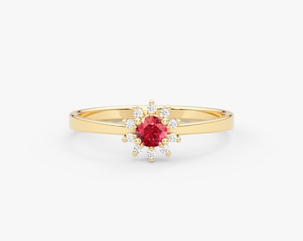Bague Fiançailles Or Jaune 14 Carats Rubis Naturel Et Diamants – Solitaire Avec Accents