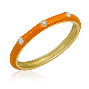 14K Gold Diamond Orange Enamel Ring/ Colourful Enamel Gold Diamond Rings / Diamond Stackable Rings/ Birthday Gifts for Her/ Gift for Her