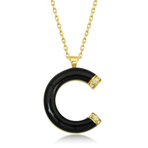 Collar con inicial de diamante para mujer/Collar con inicial C de esmalte negro/Colgante con letra C de esmalte de oro de 14 quilates/Regalo para ella/Regalo de cumpleaños para ella
