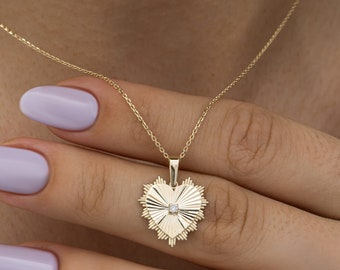 Collana di diamanti solitari in oro massiccio 14K / Collana di diamanti con piastra in oro a cuore / Collana di diamanti delicata regalo per lei / Ciondolo a cuore d'oro